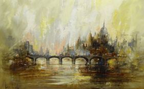 BEN MAILE (b1922) 'Traffic Over The Thames', oil on canvas, signed and titled to verso, 60cm x 90cm