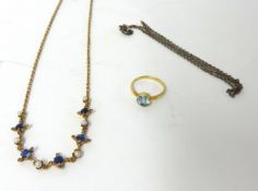 A Victorian rose gold sapphire and pearl Necklace, the front set with five sapphire and half pearl