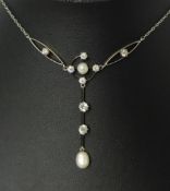 A Victorian diamond and pearl Necklace, the central pearl and quatrofoil diamond cluster with a