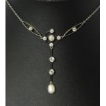 A Victorian diamond and pearl Necklace, the central pearl and quatrofoil diamond cluster with a