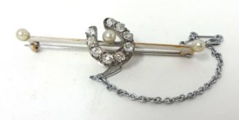 A Victorian pearl and diamond set horseshoe bar Brooch, set with old cut stones, approximately 0.