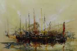 BEN MAILE (b1922) 'Boats', oil on canvas, signed, 60cm x 90cm