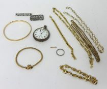 A white metal open face keyless pocket watch, costume jewellery, a 9ct gold bangle with 'solid metal