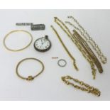 A white metal open face keyless pocket watch, costume jewellery, a 9ct gold bangle with 'solid metal