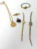 A 9ct rose gold fob Pendant and chain, three 9ct gold ladies Wristwatches, a silver swivel Fob and a