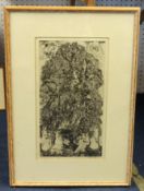 After MUKEL DEY (1895-1989, Indian) signed etching 'The Sacred Tree', 37cm x 20cm