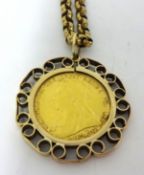 A Victoria gold sovereign, 1894, within a 9ct pendant mount, on 9ct gold link chain, (the chain