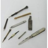 Silver and mother of pearl fruit knife, propelling pencils, other objects including a miniature