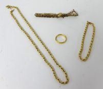 9ct gold chain and bracelet, a 9ct gold bracelet, total weight 11.70g, also a 22ct wedding band, 3.