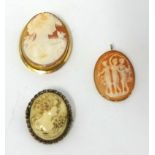 A 9ct gold mounted cameo pendant depicting 'The Three Graces' and two other cameos (one in 18ct