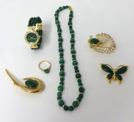 A Malachite necklace, brooch, single ring and dress watch