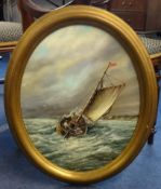 ARTHUR READ oil on board, 'Figures on boat at sea', 43cm x 37.5cm