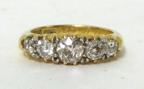 A Victorian five stone diamond Ring, claw set with graduated old cut stones, approximately 1ct