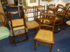 Five Victorian mahogany framed balloon back dining chairs, set of six oak framed and cane seated