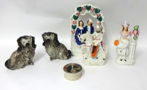 Five Victorian Staffordshire figures including a pot lid 'The Late Prince Consort' t/w two small