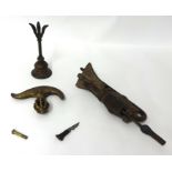 An unusual antique iron lock, Asian brass bell and ornate brass mounted Chinese herb cutter (3)
