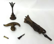 An unusual antique iron lock, Asian brass bell and ornate brass mounted Chinese herb cutter (3)
