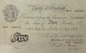 A 1949 white five pound note by Beale No N87 066347 dated 13th July 1949.