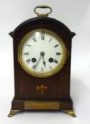 Edwardian arched top mantle clock with gong strike and French movement with key, 25cm tall