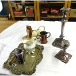 Tony wood tea pot and various plated ware, Sowerby glass etc