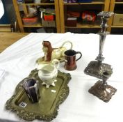 Tony wood tea pot and various plated ware, Sowerby glass etc