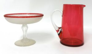Cranberry glass jug, 19cm also a glass comport (2)