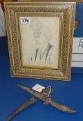 20th century small Indian dagger and modern Iranian portrait in mosaic frame
