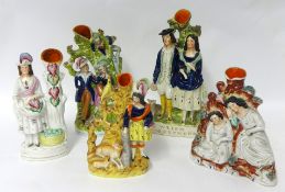 Five figures, Spill vases including Highland figures, tallest 35cm