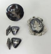 Vintage Japanese silver brooch, scarf ring and cufflinks