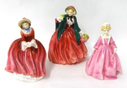 Two Royal Doulton figures 'Lady Charmian and Denise' and a Worcester figure, 'Grandmothers Dress'