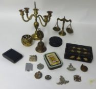 A pair of gold scales also various brass ware and sundry boxes, cap badges, medallions, playing