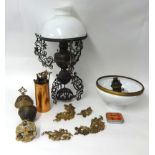 A 19th Century Dutch gilt brass hanging oil lamp and a similar table standing Dutch oil lamp with