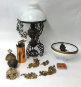 A 19th Century Dutch gilt brass hanging oil lamp and a similar table standing Dutch oil lamp with