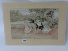 19th century needlework picture of 'Children with St Bernard dog', mounted