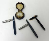 Parker 14k nib fountain pen, two others, pocket barometer and other items.