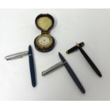 Parker 14k nib fountain pen, two others, pocket barometer and other items.