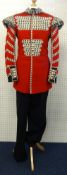 A QEII Irish Guards Corps of Fifes and Drums scarlet drummers tunic, complete with guards tweed