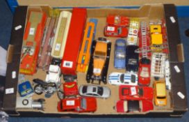 A tray of twenty seven various toys including Corgi fire engines and Shinsei (Japan) freight liner