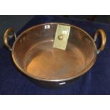 A large copper jam pan, 44cm diameter also a brass ink blotter (2)