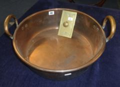 A large copper jam pan, 44cm diameter also a brass ink blotter (2)