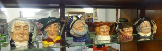 Six Royal Doulton character jugs including The Lawyer, Pied Piper and Old Salt