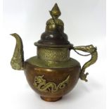 A Chinese brass and copper teapot with dragon relief decoration, height 23cm.