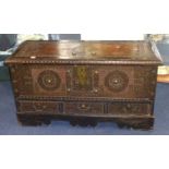 An old Zanzibar chest with brass studwork decoration and fitted with three drawers, 110cm wide