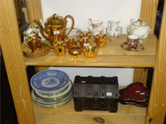 A collection of various ceramics including Wade gilt lustre coffee service, modern casket