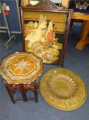 Wool-work picture of a Parrot and wooden frame, Antique middle eastern wooden octagonal inlaid table