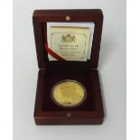 A limited edition, 2012 proof Duke of Cambridge five pound gold coin, 9/30, weight 39 grams, cased.