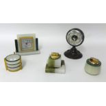 A green and white marble ashtray and cigarette lighter t/w a set of three ashtrays and lighter in