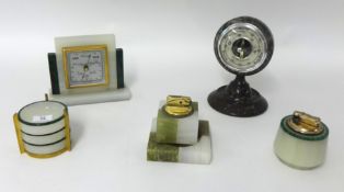 A green and white marble ashtray and cigarette lighter t/w a set of three ashtrays and lighter in
