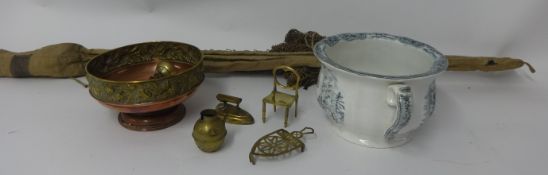 Victorian chamber pot, brass and copper dish, Edwardian fishing rod and net etc.