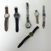 Six various modern gents and ladies watches.